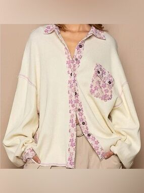 POL Oversized Lace Waffle Knit Patchwork Floral Button-Up Top Size Large
